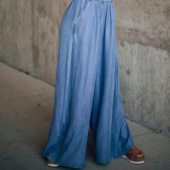 Women's Blue Denim-Effect Wide Leg Overalls, Loose Fit, TRENDY, XL, NWT - Picture 5 of 10